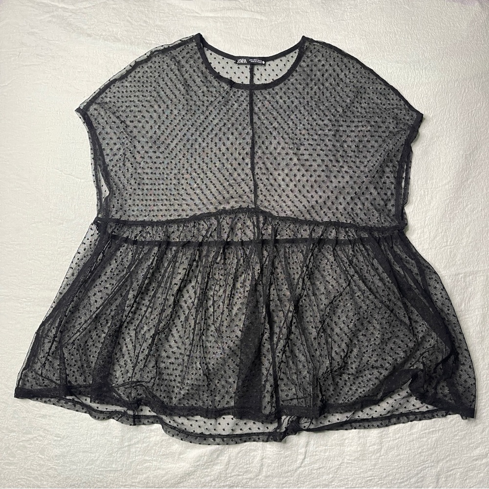 ZARA Dotted Mesh Sheer Peplum Sleeveless Blouse Top Black S